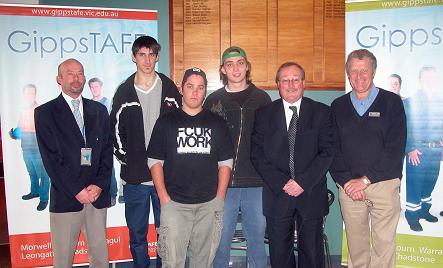 Students and members of the partnership celebrate the launch of the new bricklaying program. (L - R) Chris Hecker, Geoff Baun, Mark Pastuszyn, Harley Kemp, Stuart McCullough (EVGT) and Ray Mason-Woods (GippsTAFE).